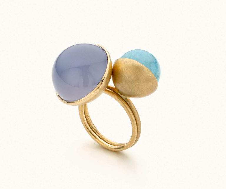 Sabine Herman, bague cosmos, or rose 18 ct, pierre de lune et aigue marine