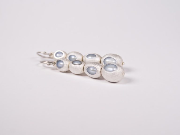 Ambroise Degenève, earrings : silver, copper, gold, pearl Fossilized pearls