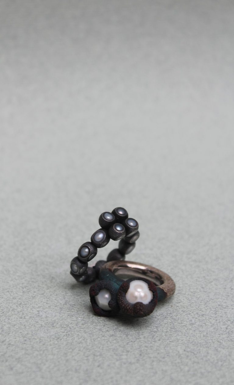 2Ambroise Degeneve, rings : oxidized silver, copper, pearl Fossilized pearls La perle autrement