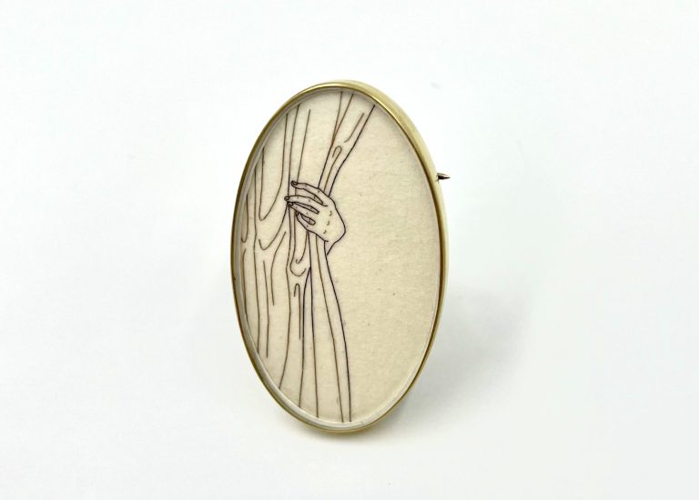 Curtain, Melanie Bilenker, brooch, hair on paper, mother of pearl, gold
